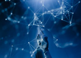 A robotic hand reaching into a digital network on a blue background, symbolizing AI technology.